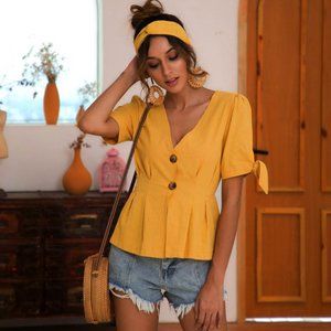 Women Casual V Neck Short-sleeve Defined Waist Blo